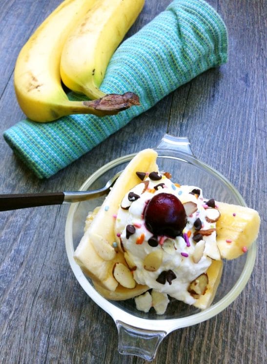 Healthy Banana Splits. Turn a traditionally-decadent dessert into a healthful snack with whole milk yogurt, fruit, seeds and dark chocolate chips!