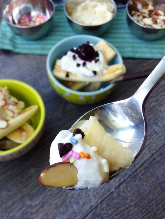 Healthy Banana Splits. Turn a traditionally-decadent dessert into a healthful snack with whole milk yogurt, fruit, seeds and dark chocolate chips!