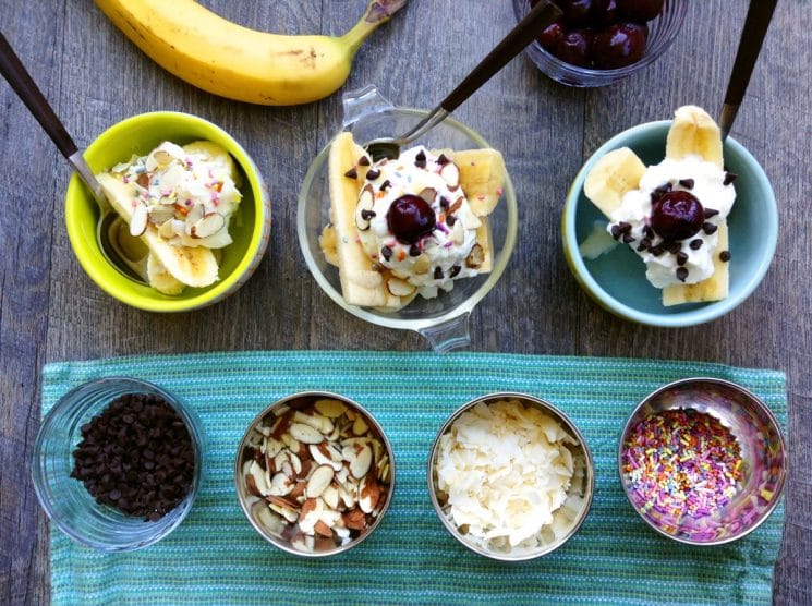 Healthy Banana Splits. Turn a traditionally-decadent dessert into a healthful snack with whole milk yogurt, fruit, seeds and dark chocolate chips!