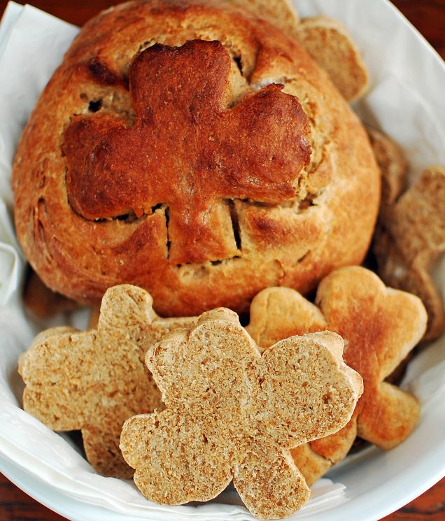 Whole Wheat Irish Soda Bread with a 3 leaf clover shape cut out.