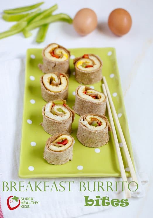 Breakfast Burrito Bites. With bell peppers, eggs, and whole wheat tortillas, these burrito bites are the perfect breakfast for your kids.