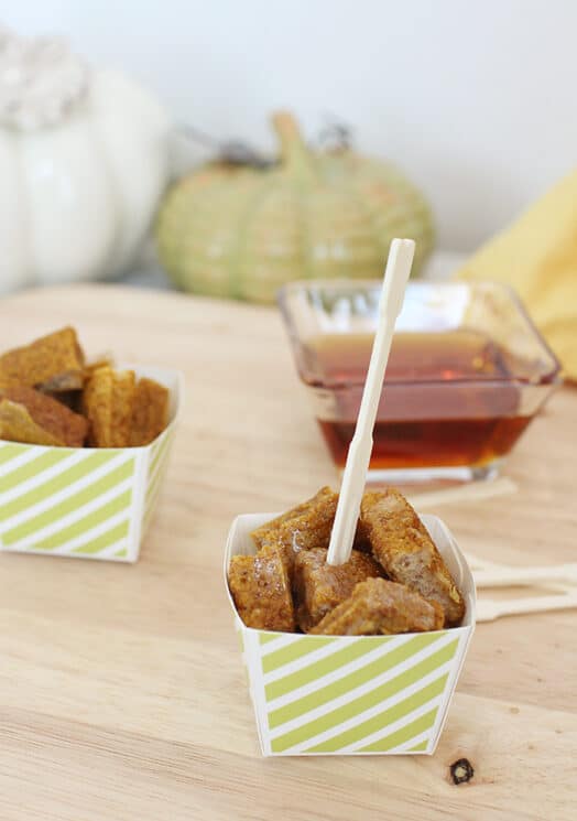 small squares of pumpkin french toast with syrup