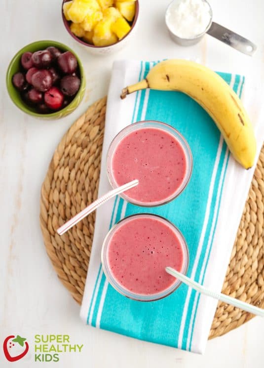 Cherry Pineapple Smoothie for Kids. Smoothies in the winter are a great way to get your vitamins in when most fruits aren't in season.