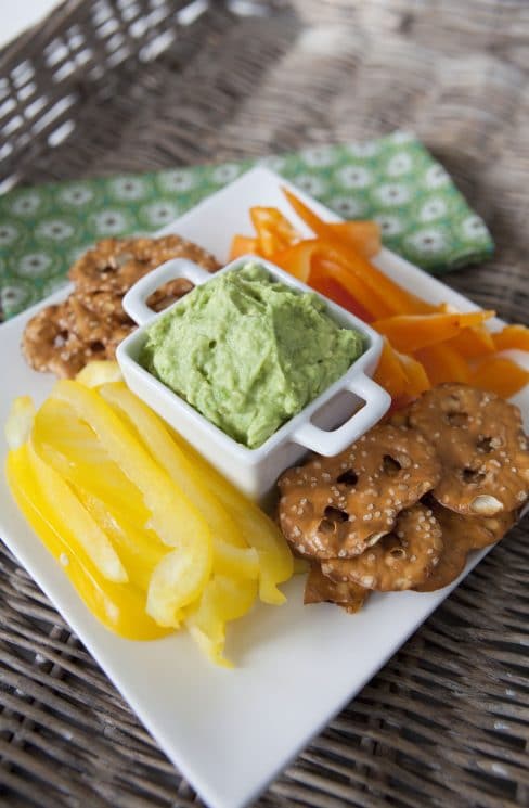 guacamole and pretzels and veggies