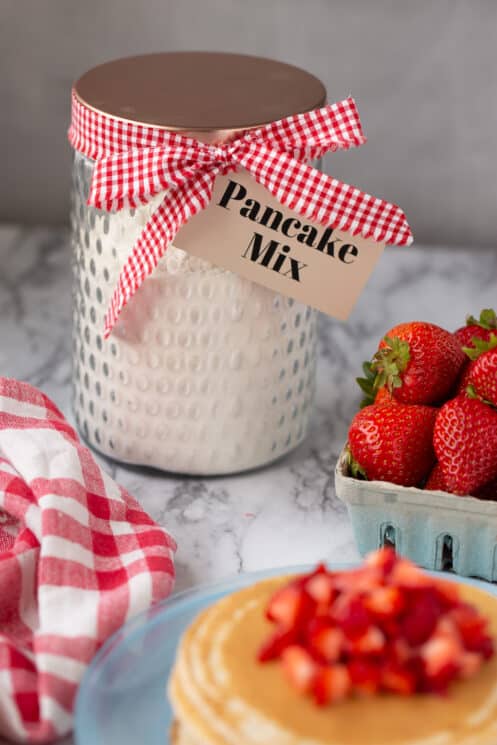 jar of homemade pancake mix with ribbon, labeled