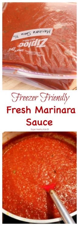 Freezer Friendly Fresh Marinara Sauce. Freeze this veggie packed, kid friendly sauce for faster meal ideas. https://www.superhealthykids.com/freezer-friendly-fresh-marinara-sauce/