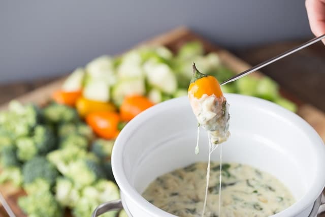 Healthy Spinach Artichoke Fondue for dinner with the kids