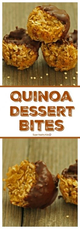 FOOD - Quinoa Dessert Bites. From cooked quinoa, to kids favorite snack! https://www.superhealthykids.com/quinoa-dessert-bites/