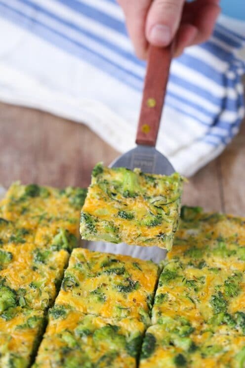 baked egg bars being served on a spatula