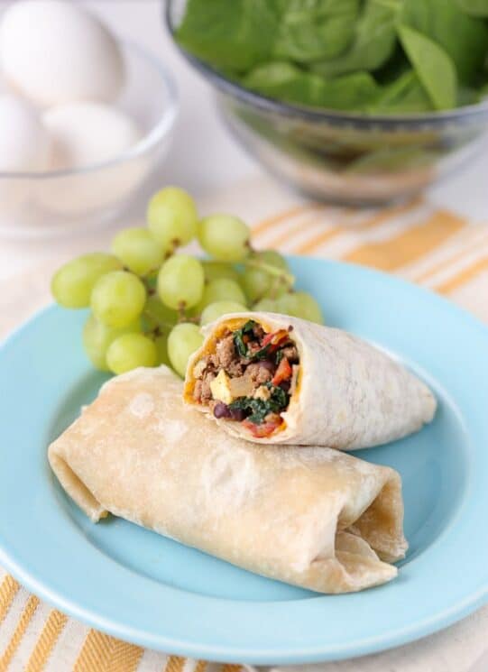 Easy to make Protein Packed Breakfast Burritos, with grapes