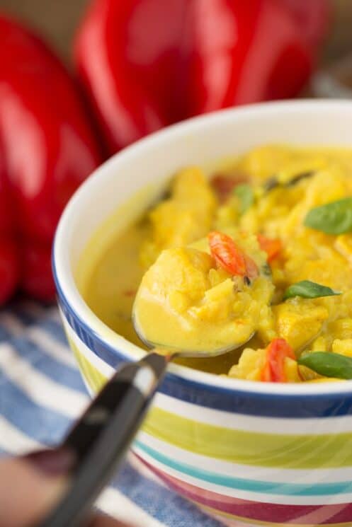 a bowl of chicken and rice soup with a spoon