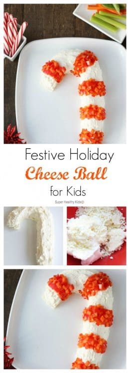 Festive Holiday Cheese Ball for Kids. Here's a cheese appetizer with a festive twist! https://www.superhealthykids.com/festive-holiday-cheese-ball-kids/