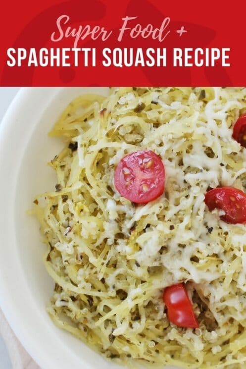 super food spaghetti squash recipe with quinoa, tomatoes and pesto