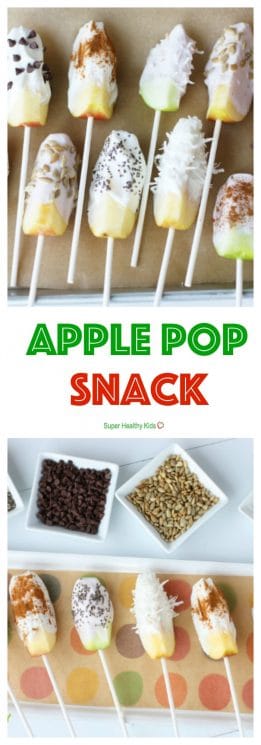 Apple Pop Snack. An after school snack that is full of fiber and nutrients! https://www.superhealthykids.com/apple-pop-snack/