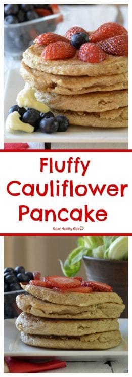 FOOD - Fluffy Cauliflower Pancakes. Make your kids favorite food & increase vitamin C, fiber, and antioxidants! https://www.superhealthykids.com/cauliflower-pancakes/