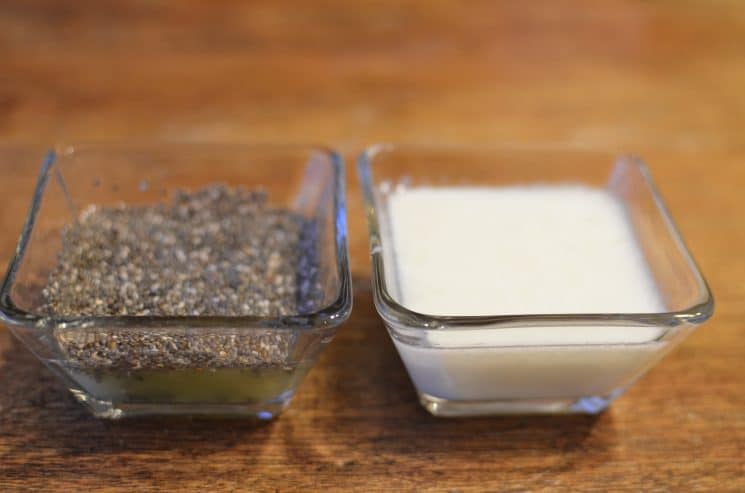 bowl of chia seeds in orange juice and bowl of lemon juice and milk