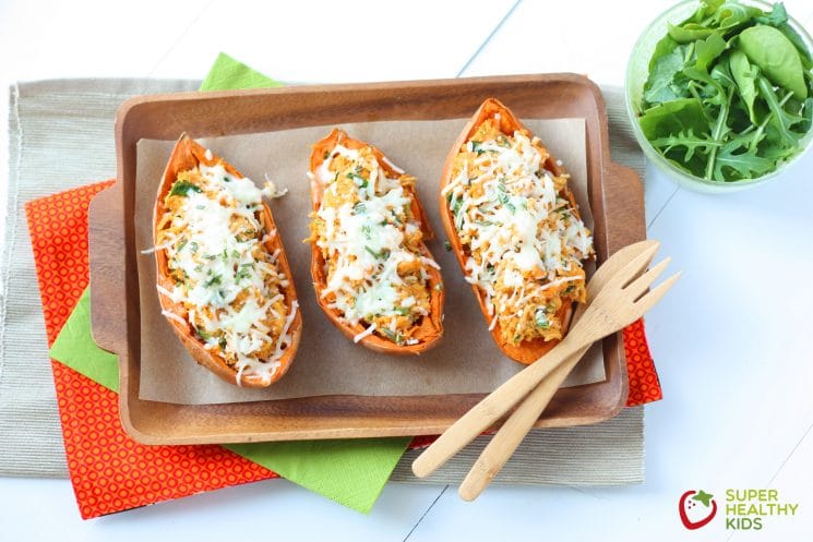 Italian Chicken and Spinach Stuffed Sweet Potato Recipe. A complete meal, packed inside a kids very own sweet potato!