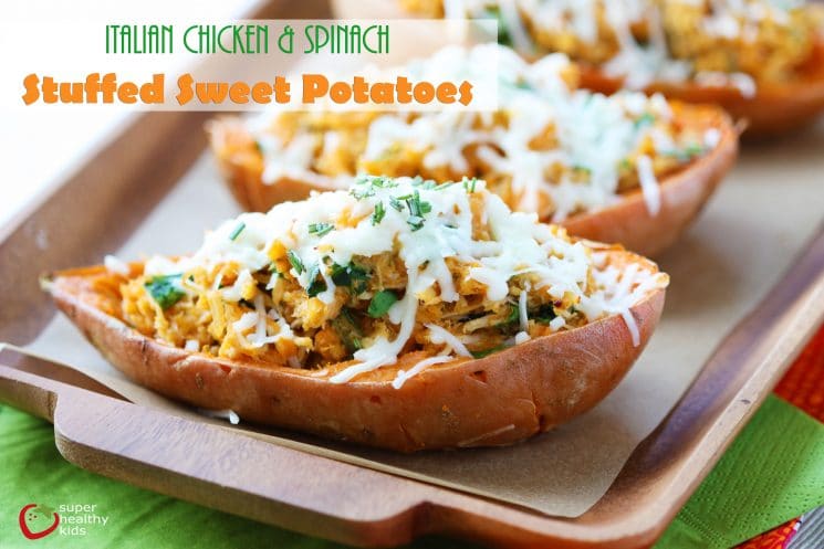Italian Chicken and Spinach Stuffed Sweet Potato Recipe. A complete meal, packed inside a kids very own sweet potato!