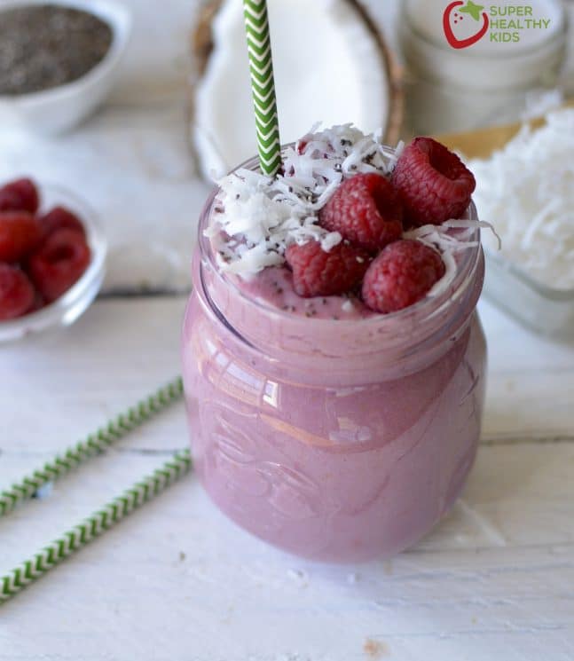 COCONUT RASPBERRY CHIA SMOOTHIE! Full of good stuff, like omega 3 fatS!