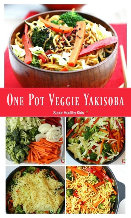 FOOD - One Pot Veggie Yakisoba. A quick dinner idea that are sure to get the kids eating more vegetables. https://www.superhealthykids.com/one-pot-veggie-yakisoba/