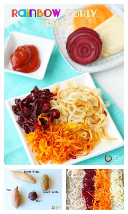 FOOD - Rainbow Curly Fries. A great side for any meal or an afternoon snack! https://www.superhealthykids.com/rainbow-curly-fries/