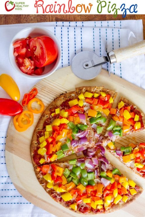 Homemade rainbow bell peppers pizza, rainbow pizza