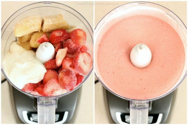 Healthy Instant Strawberry Banana Frozen Yogurt. No ice cream machine required for this Healthy Instant (5 minutes or less) Strawberry Banana Frozen Yogurt with only 5 ingredients! Recipe by Dessert Now, Dinner Later for SuperHealthyKids.com