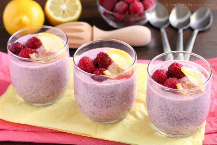 healthy summer chia pudding with raspberries and lemon