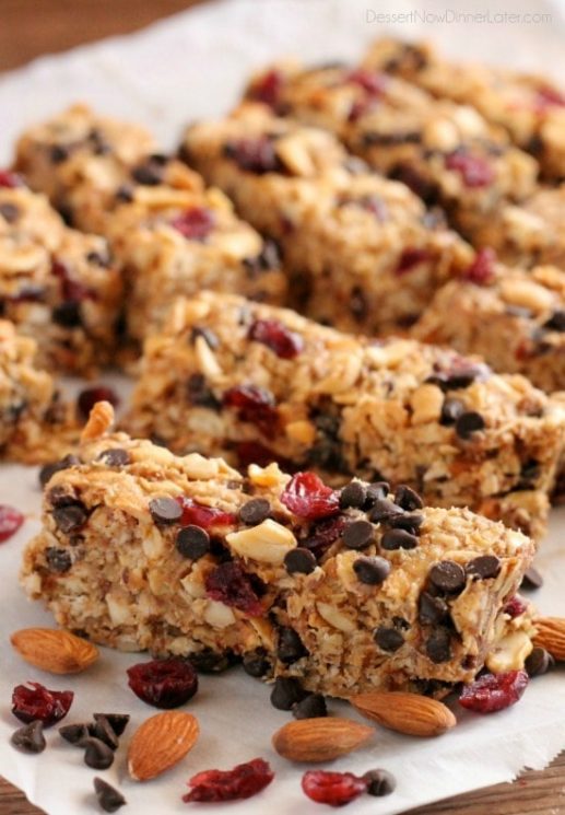 These Peanut Butter Chocolate Trail Mix Granola Bars are made with wholesome ingredients to create homemade granola bars you feel good about eating. Recipe by Dessert Now, Dinner Later for SuperHealthyKids.com