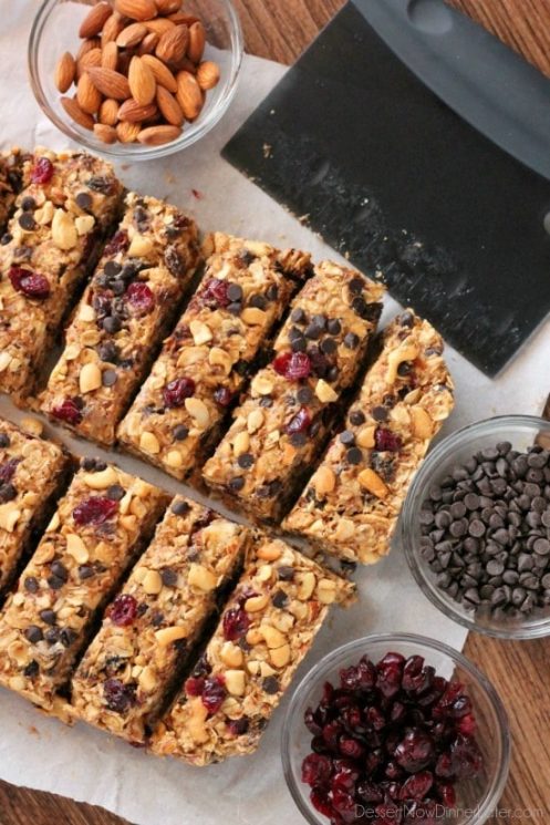 These Peanut Butter Chocolate Trail Mix Granola Bars are made with wholesome ingredients to create homemade granola bars you feel good about eating. Recipe by Dessert Now, Dinner Later for SuperHealthyKids.com