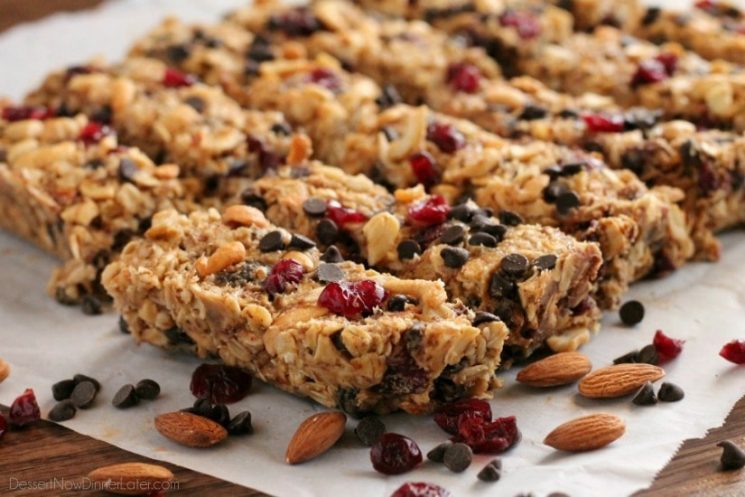 These Peanut Butter Chocolate Trail Mix Granola Bars are made with wholesome ingredients to create homemade granola bars you feel good about eating. Recipe by Dessert Now, Dinner Later for SuperHealthyKids.com