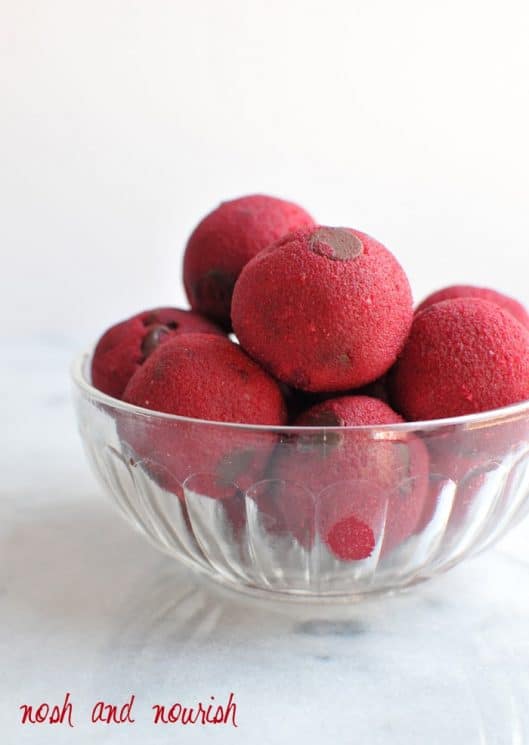 Naturally Pink Chocolate Chip Cookie Dough Balls Recipe. A healthier treat that is gluten-free, egg-free, and grain-free!