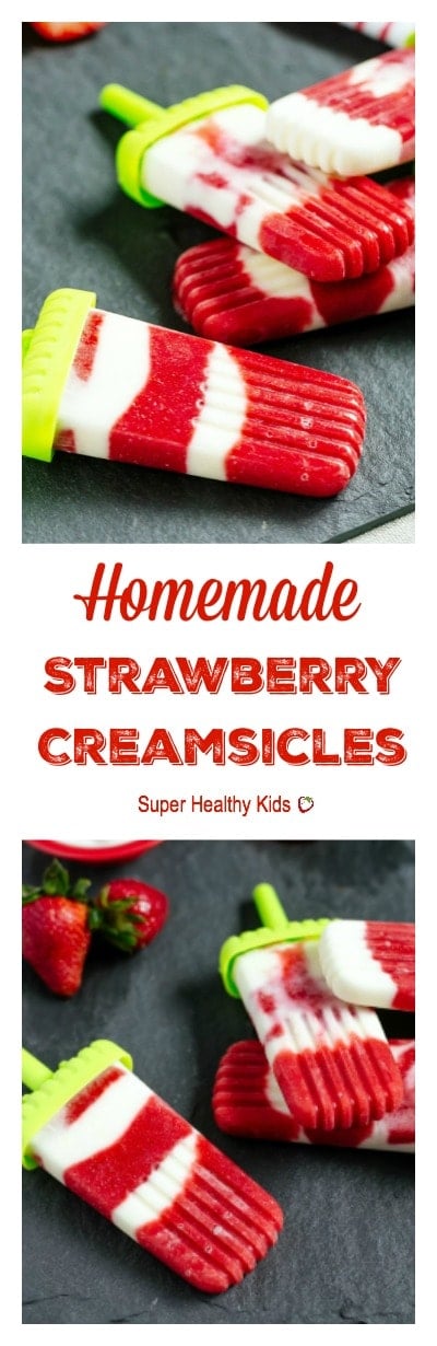 Strawberry Creamsicles. All fruit, no added sugar. Perfect way to use up your strawberries that are on their way out! https://www.superhealthykids.com/homemade-strawberry-creamsicles/ Strawberry Creamsicles. All fruit, no added sugar. Perfect way to use up your strawberries that are on their way out!