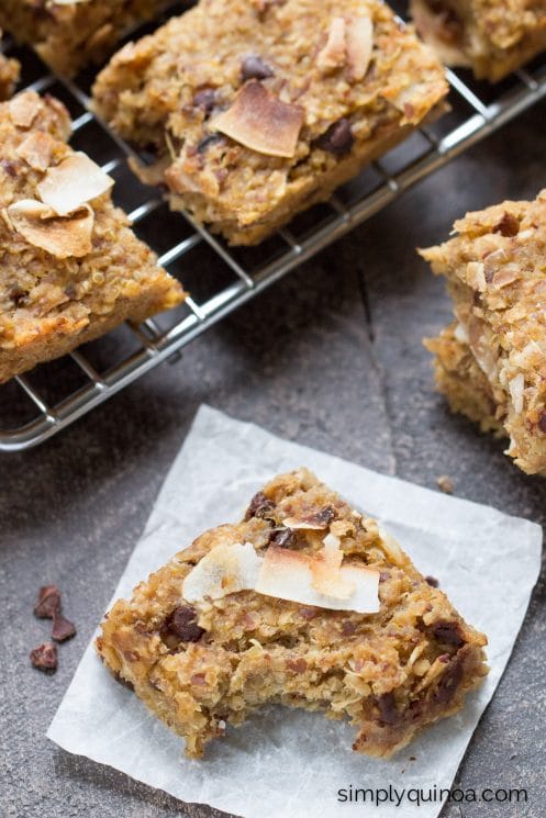 Quinoa Breakfast Bars. These simple quinoa breakfast bars are flavored with toasted coconut and chocolate chips, making for a healthy and delicious on-the-go breakfast treat that you and your kids will love!