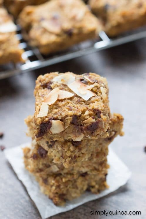 Quinoa Breakfast Bars. These simple quinoa breakfast bars are flavored with toasted coconut and chocolate chips, making for a healthy and delicious on-the-go breakfast treat that you and your kids will love!