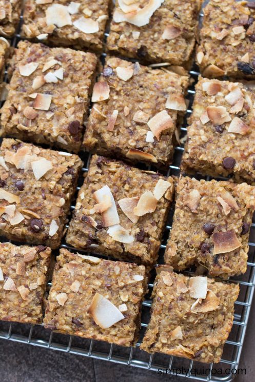 Quinoa Breakfast Bars. These simple quinoa breakfast bars are flavored with toasted coconut and chocolate chips, making for a healthy and delicious on-the-go breakfast treat that you and your kids will love!