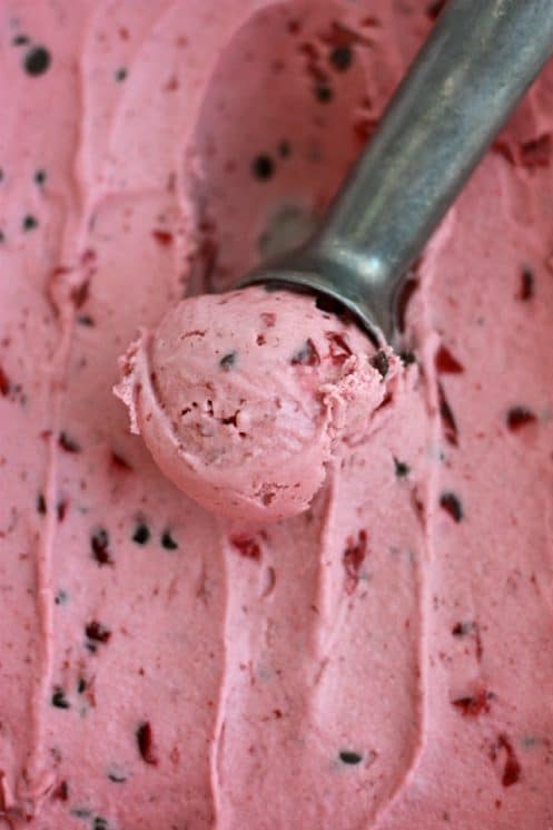 Dairy Free Cherry Chocolate Chip Ice Cream. SO creamy and delicious and the sweetness comes from the loads of cherries in it!