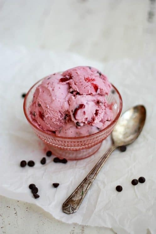 Dairy Free Cherry Chocolate Chip Ice Cream. SO creamy and delicious and the sweetness comes from the loads of cherries in it!