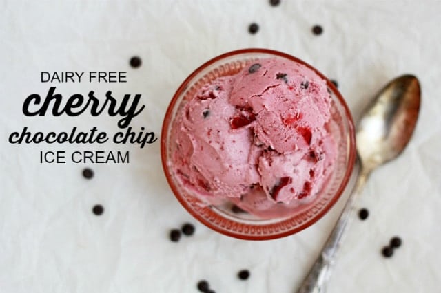 Dairy Free Cherry Chocolate Chip Ice Cream. SO creamy and delicious and the sweetness comes from the loads of cherries in it!