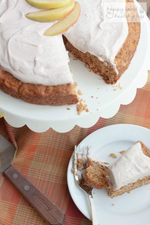 Apple Carrot Cake topped with a Cinnamon Greek Yogurt