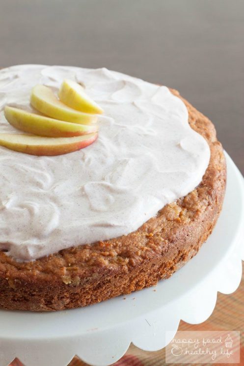 Apple Carrot Cake topped with a Cinnamon Greek Yogurt