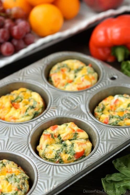 These Breakfast Egg Cups are the perfect breakfast on-the-go. Make them ahead of time, refrigerate or freeze them, and then heat them in the microwave when you are ready to eat!