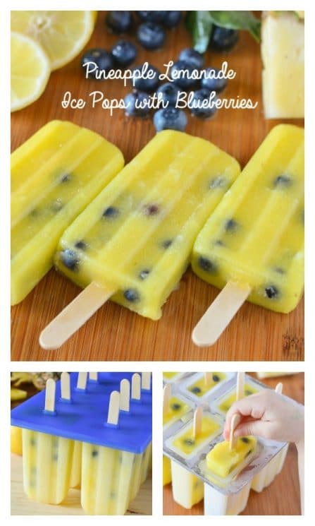 FOOD - Pineapple Lemonade Ice Pops with Blueberries. Super refreshing with an amazing flavor! https://www.superhealthykids.com/pineapple-lemonade-ice-pops-blueberries/