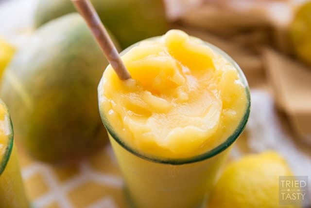 Peach Mango Freeze, the perfect refreshing summertime slushee made without any refined sugar!