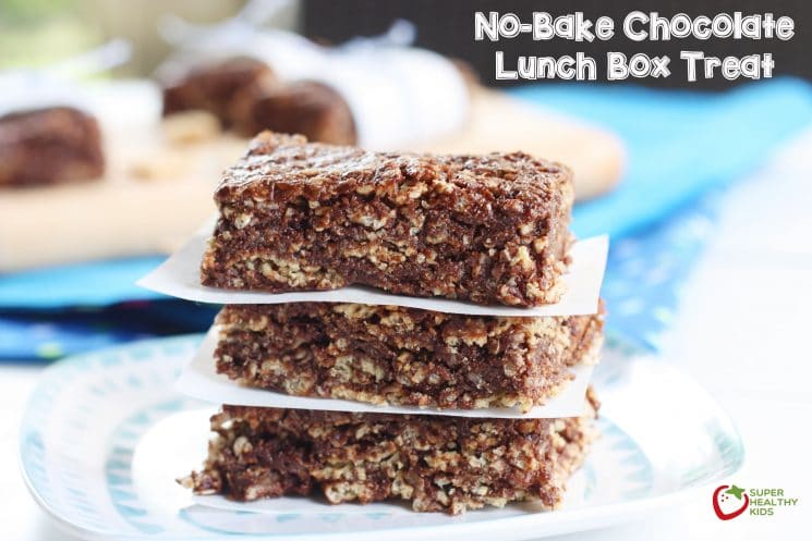 No-Bake Chocolate Lunch Box Treat. Perfect treat to send to school - nut free, gluten free, and so amazing your kids won't even know how much nutrition is packed in it. www.superhealthykids.com