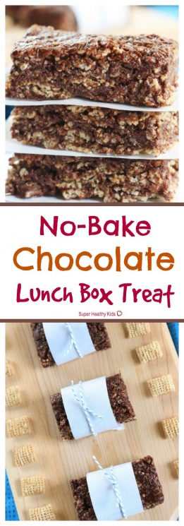 FOOD - No-Bake Chocolate Lunch Box Treat. Perfect treat to send to school - nut free, gluten free, and so amazing your kids won't even know how much nutrition is packed in it. https://www.superhealthykids.com/no-bake-chocolate-lunch-box-treat/