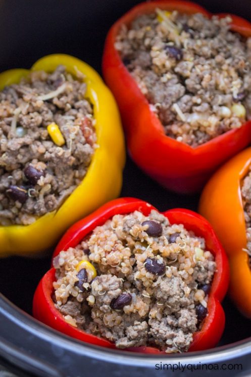 Crockpot Stuffed Peppers - made with Mexican quinoa, ground beef and cheddar cheese!