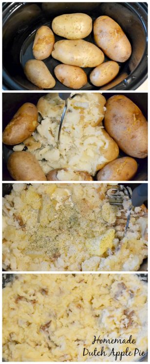 Easy Crockpot Mashed Potatoes. Let your crockpot do all the work. Never stand at your stove with a bubbling over post of potatoes again. These are perfect for big gatherings!! www.superhealthykids.com