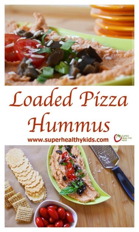 FOOD - Loaded Pizza Hummus. Perfect for snacking or a perfect savory party food! https://www.superhealthykids.com/loaded-pizza-hummus/