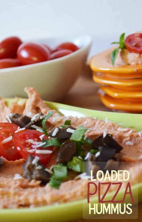 Loaded Pizza Hummus. Perfect for snacking or a perfect savory party food! www.superhealthykids.com